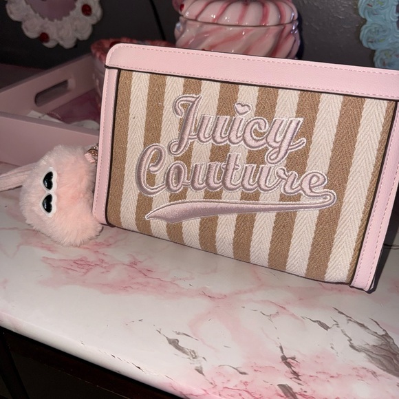 Juicy Couture Pink & Tan Striped Makeup Bag with Faux Fur Charm - Picture 3 of 7